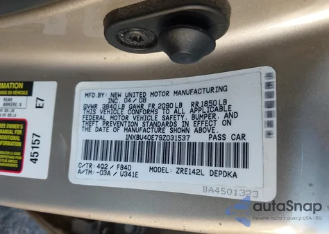 2009 Toyota Corolla Le z USA, uszkodzony, nr VIN 1NXBU40E79Z031537